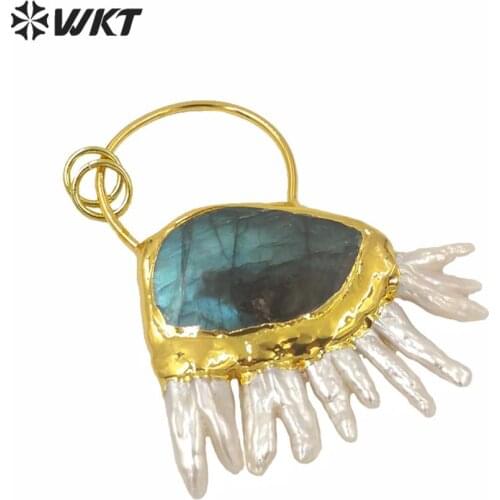 WT-P1588 gorgeous statement pendant with gold plated special natural freshwater pearl and labradorite stone pendant