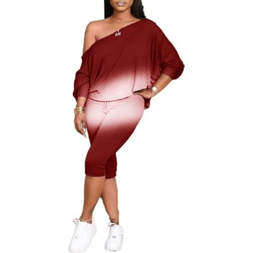 WomenS Plus Size Clothes Suit Gradient Color Long-Sleeved Off-Shoulder T-Shirt + High-Waist Mid-Length Trousers Autumn Leisure