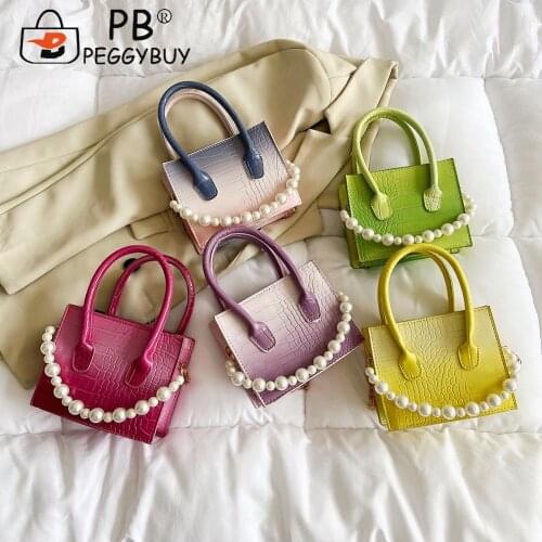 Retro Women Alligator Pattern Shoulder Crossbody Bag with Pearl Chain Casual PU Leather Gradient Color Messenger Handbags