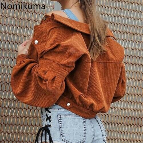Nomikuma Corduroy High Waist Short Women Jacket 2020 Autumn New Solid Coat Causal Long Sleeve Turn-down Collar Jakcets 6B963