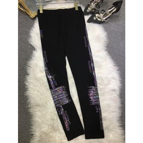 2021 Summer Womens Slim Fit Cotton Rhinestone Leggings Shiny Lines Black Thin Inner All Matching Cropped Pants Ropa De Mujer