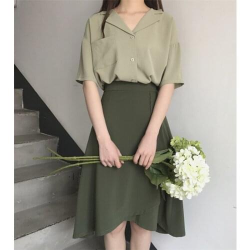 Two Piece Set Women Avocado Green T Shirt+Irregular Skirt Suits Solid Tops Vintage Skirt Sets Elegant