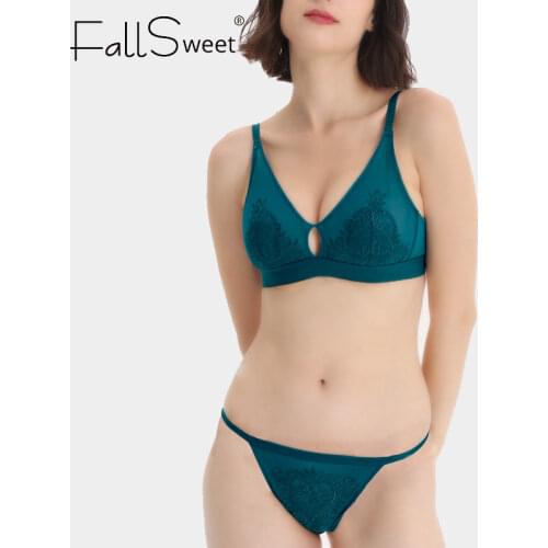 Fallsweet Women Wireless Bra Set Ultra Thin See Through Sexy Lingerie Sets Lace Bras and Briefs Set Underwear 2 Piece Set