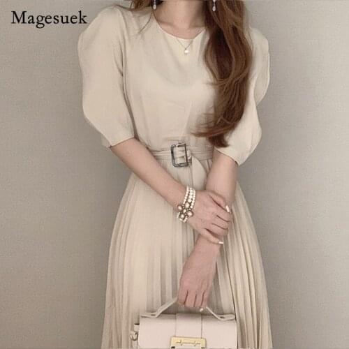 2021 Solid Cotton Simple Dress for Women Vintage High Waist Pleated Loose Long Dress Korea Summer Women Dress Vestido 14160