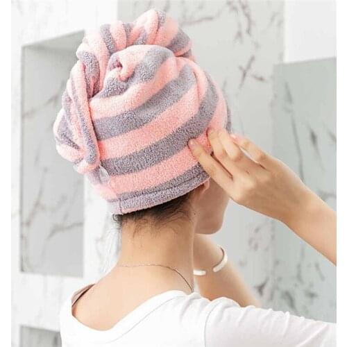 1 Pcs Magic Microfiber Bathing Quick Dry Hair Cap Striped Turban Wrap Towel Hat Bathroom Cute Long Hair Hair-drying Shower Caps