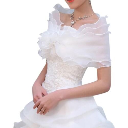 White Elegant Flower Multi Layer Tulle Shawl Wedding Wrap Bridal Chiffon Short Coat Fairy Marriage Accessories AXYD