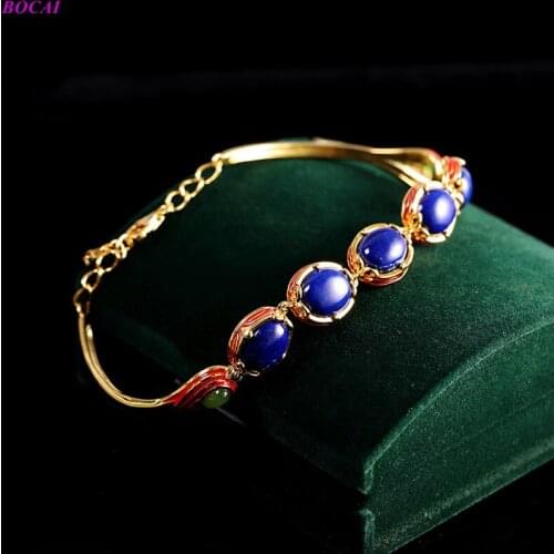 BOCAI Solide S925 sterling silver bracelet jewelry lapis lazuli jade fashion simple womens Thai silver Bracelet for women