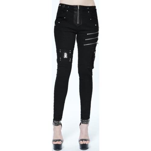 Punk Women Rivets Pants Zippers Black Long Pencil Pants Bandage Sexy Trousers Fashion Tights Cotton Pants