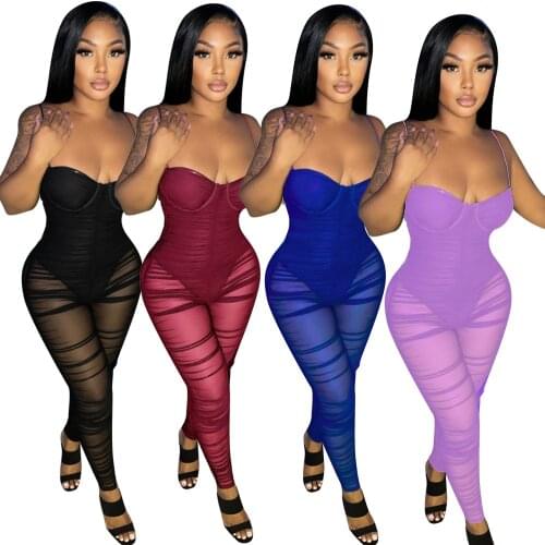 Black Sheer Mesh Splice Sexy Bodycon Rompers Women Wrap Chest Open Back See Through Jumpsuit Streetwear Spaghetti Strap Overall