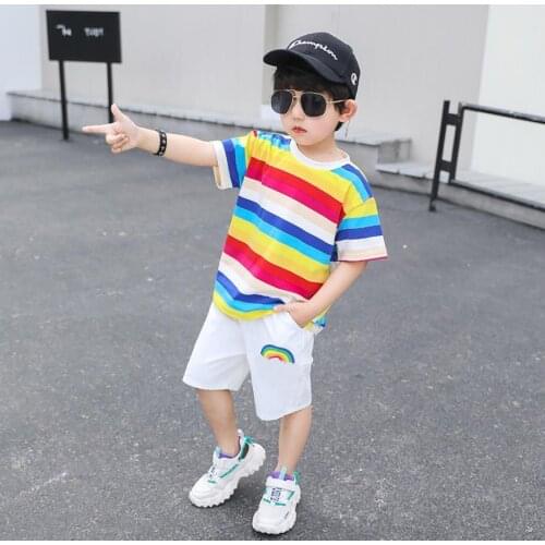 Boys clothing set 2020 summer new rainbow childrens short-sleeved T-shirt+white shorts two-piece set kids striped T-shirt suit