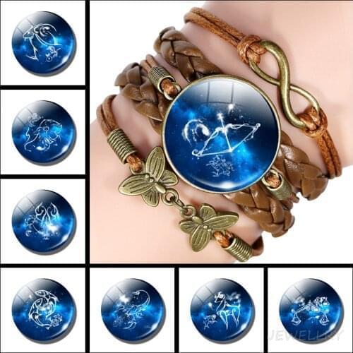 12 Constellation Sky Blue Retro Brown Leather Bracelet Zodiac Exclusive Leather Bracelet Divination Fate Jewelry Birthday Gift