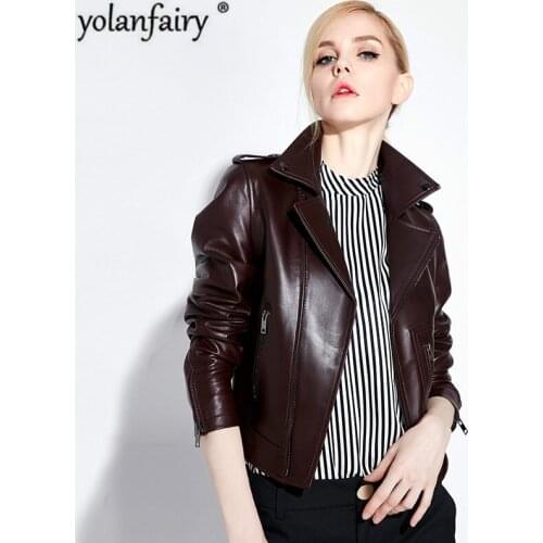 2020 Genuine Leather Jacket Women 100% Sheepskin Coat Short Biker Motorcycle Jacket Korean Slim Fit Red Leather Coat NINA1707M