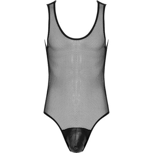 Men See-through Mesh Bodysuit Underwear Faux Leather Sexy Bulge Pouch Hollow Out Leotard Sleeveless Wrestling Singlet Playsuit