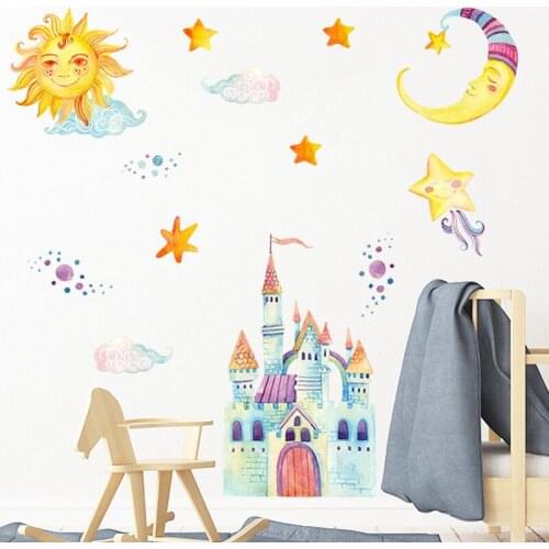 Cartoon Castle Wall Stick Cute Sun Moon Stars Wallpaper For Kids Bedroom Removable Self Adhesive Childrens Room Wall Mural