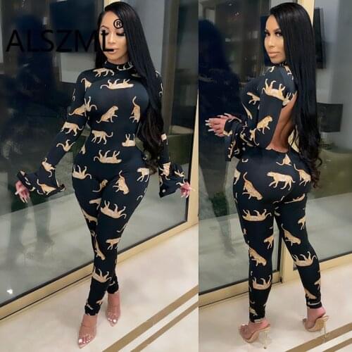 O Neck Long Sleeve Cool Print Backless Skinny Jumpsuits Sexy Tight Club Party Lady Fashion Sheath Bodysuits
