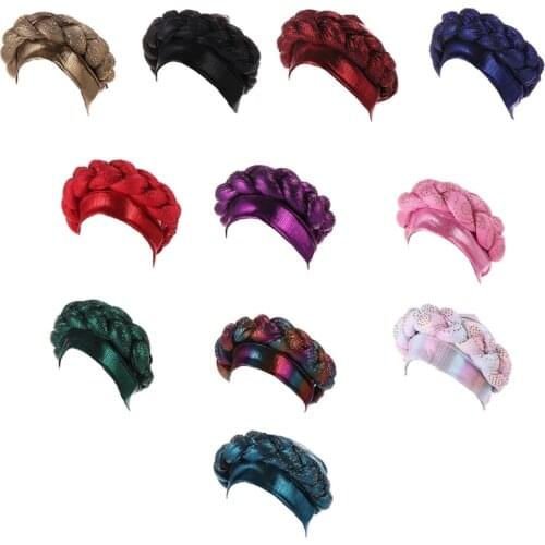 Braid Turban Hat Bright Silky Wraps Flashing Head Wraps Rhinestones Beads Bonnet Cap Shiny Headwear for Women