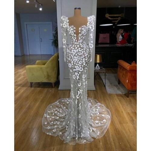 Luxury Beaded 2021 Mermaid Prom Dresses African Deep V Neck Long Sleeves 3D Flower Lace Evening Dress Formal Party Pageant Gowns