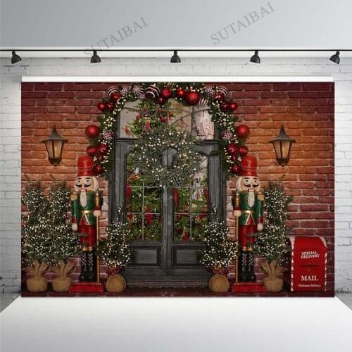 Christmas Shop Backdrop Wreath Lights Christmas Tree Brick Wall Wood Door Photo Backdrop Photography Background Photo Studio