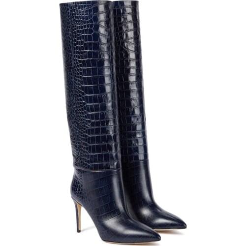 Real Leather Boots Women Crocodile Leather Stilettos Winter Pointed Knee-Length Boots Keep Warm Suede Pleated Boots Botas Mujer