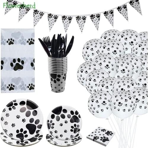 Dog Party Supplies Dog Paw Disposable Dinnerware Set Plates Napkin Cup Knifves Forks Spoon Birthday Party Baby Shower Decoration