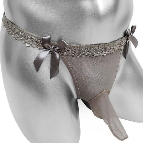 Lace Sissy Thong panties Penis sleeve Men Bikini Underwear Transparent Sexy G string Crossdresser Panties With Bow Sissy Panties