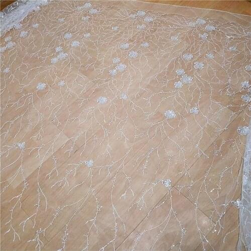 GLace 1Y/lot Silver light embroidered sequins lace fabric wicker branches cloth wedding dress DIY decoration TX1522