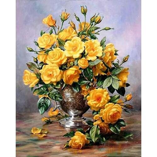 Yellow Roses in Vases DIY 11CT Embroidery Cross Stitch Kits Needlework Craft Set Cotton Thread Printed Canvas Home Decoration