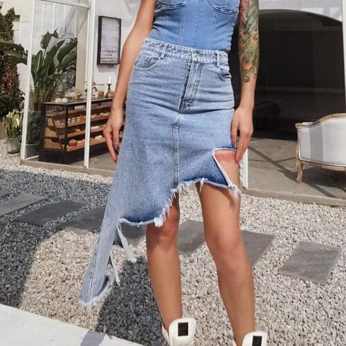 Free Shipping 2021 Autumn New Stylish Irregular Denim Skirts Women Designer Fashion High Waist Jean Skirt Casual High Street