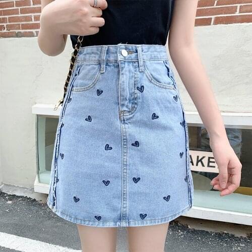 Korean Loose Sweet Love Heart Embroidery Pocket Short Jean Skirt For Women High Waist Mini A-Line 4XL Cotton Denim Female Skirt