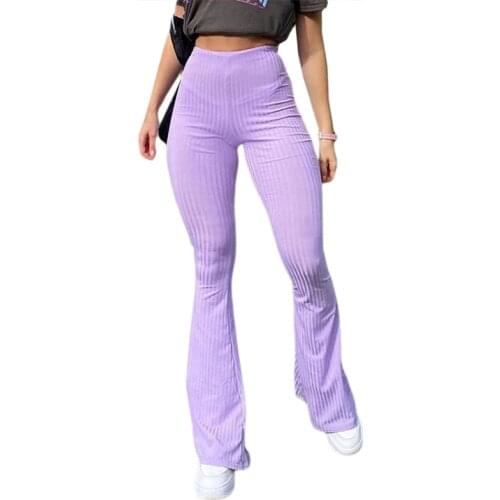 Women Sexy Close-fitting Flared Pants Solid Color Ribbed Knitted High Waist Long Trousers Skinny Sweatpant Fashion Streetwear
