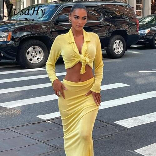 JusaHy Vintage Autumn Summer Solid Elegant Two Piece Set Women Long Sleeve Lace Blouses+Maxi Skinny Slim Skirt Suit Outfits New