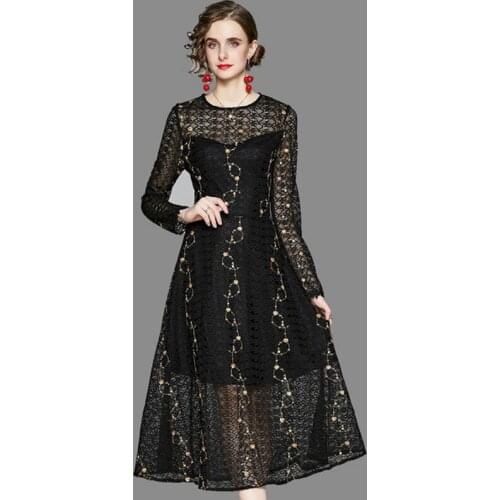 New Fashion Brand Designer Runway 2021 Women Summer O Neck Long Sleeve Floral Lace Embroidery Elegant Party A Line Dresses