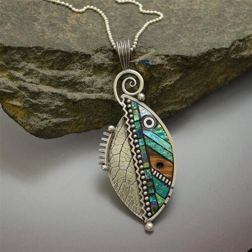 Bohemian Green Leaf Pendants Necklaces for Women Ethnic Abstract Vintage Collar Silver Color Drop Necklace Oorbellen Pendientes