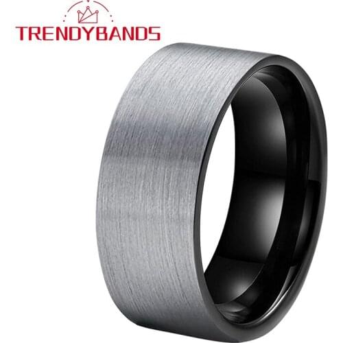10MM Tungsten Wedding Bands Engagement Mens Black Ring Flat Shape Brushed Finish Comfort Fit
