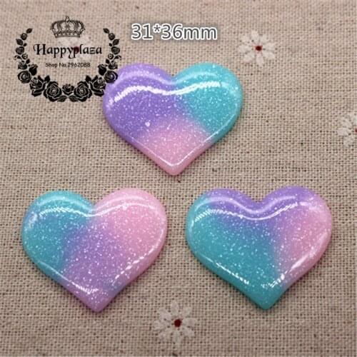 10pcs Kawaii Resin Pink+Purple+Blue Glitter Heart Flatback Cabochon Art Supply Decoration Charm Craft DIY Accessories,31*36mm