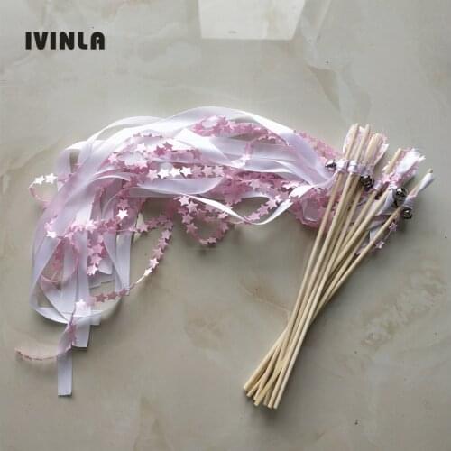 30pcs/lot light pink and white wedding ribbon wands with star for wedding decoration