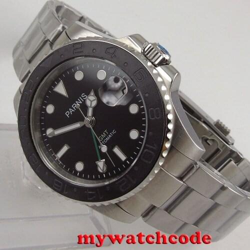 40mm Parnis black dial Sapphire glass date window GMT automatic mens watch P875