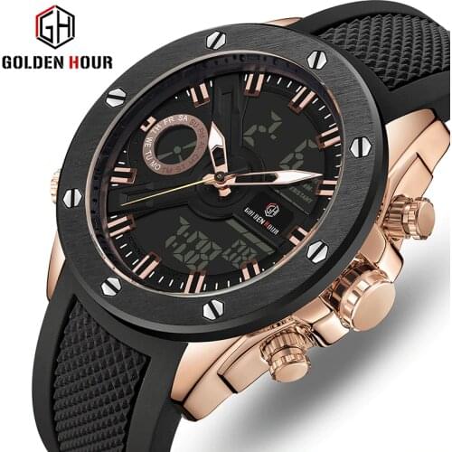 GOLDENHOUR Analog Digital Watch Men Luxury Brand Silicone Sports Mens Watches Waterproof Quartz Man Watch Relogio Masculino 2019