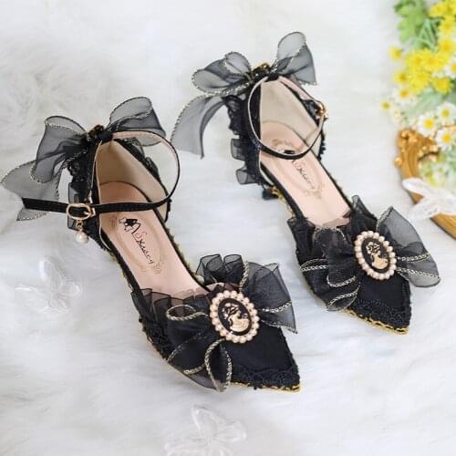 Black Sweety Beauty Anime Tea Party Wedding Loli Shoes Elegant Pointed Toe Thin Heels Lolita High Heels Women Cute Dress Sandals