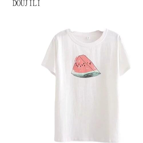 DOUJILI 2021 Women Watermelon Printing Top Tees White Crewneck Pullovers Casual High Quality Summer T-Shirt