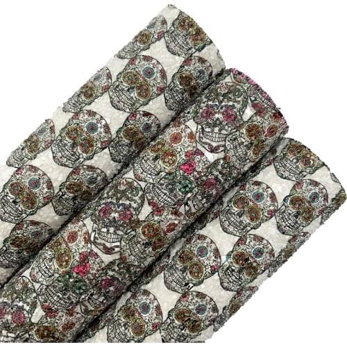 Halloween Black Skulls Printed Chunky Glitter Faux Vinyl Fabric Leather Sheet Felt Backing Synthetic Leather Faux Vinil DIY T588