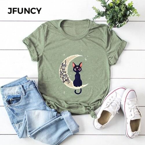 JFUNCY Plus Size Cotton T-Shirt New Cat Print Woman T Shirt Casual Women Tshirt Female Short Sleeve Tees Summer Mujer Tops