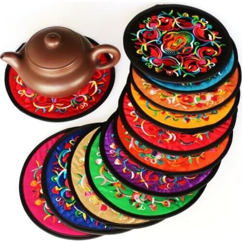Round Heat Resistant Cloth Mat Ethnic Style Embroidery Art Drink Cup Coasters Non-slip Pot Holder Table Placemat Kitchen Accesso