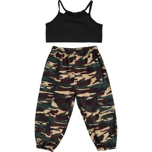 Citgeett Summer Kids Baby Girls Outfit Solid Color Sleeveless Suspender Tops + Camouflage Printing Long Pants Clothes Set