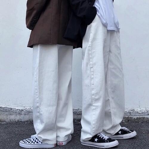 Fashion ins washed white jeans loose straight pants mens and womens fashion streetwear hiphop street wear masculino