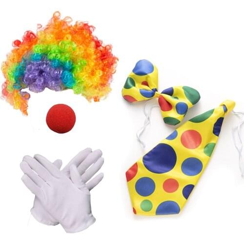 Clown Costume Set of 5pcs, Clown Polka Dots Wig Nose Bow Tie White Gloves for Clown Parties Carnivals Role Play Halloween