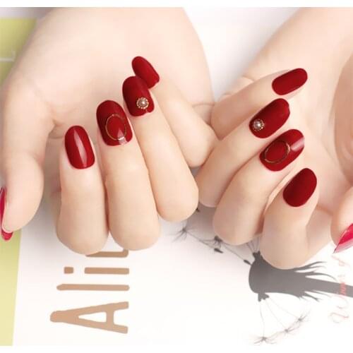 Women Handmade Red Color Beauty Fake Nail Simulation Pearl Decor Artificial Nail Sticker With Glue Simple Fashion False Nails
