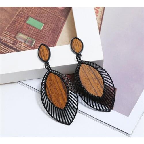 Personality Wood Dangle Earrings For Women Fashion Bohemian Geometric Splicing Hollow Drop Earring Jewelry