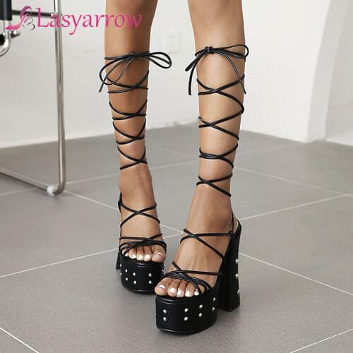 Lasyarrow Gladiator Sandals Ankle Strap Women Shoes Size 46 Summer Punk Rivets Platform Height 15cm Lace Up Sexy Super High Heel