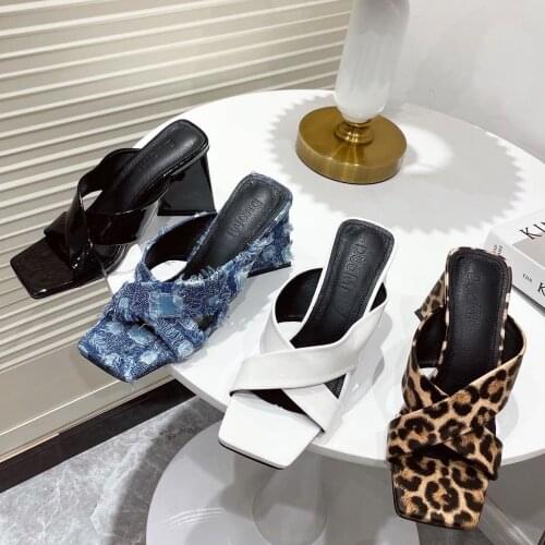 2021 Women Slippers Fashion Open Toe Chunky Heel Slides Sandals Shoes Woman Luxury Female High Heels Sexy Slippers